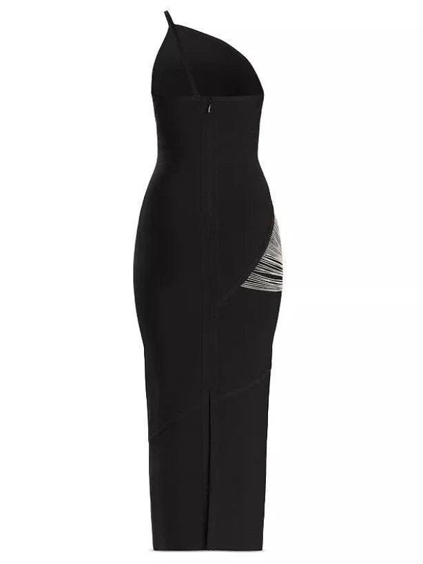 Draped Chain One-Shoulder Black Dress - Dresses