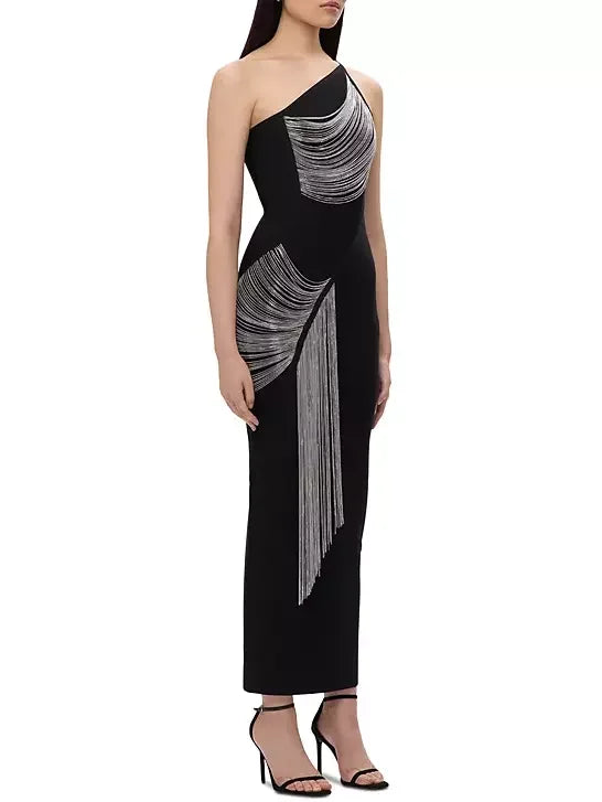 Draped Chain One-Shoulder Black Dress - Dresses
