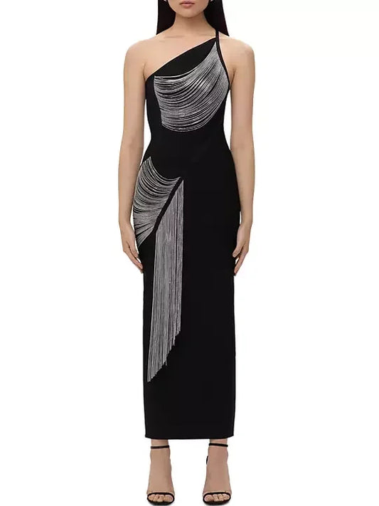 Draped Chain One-Shoulder Black Dress - Dresses