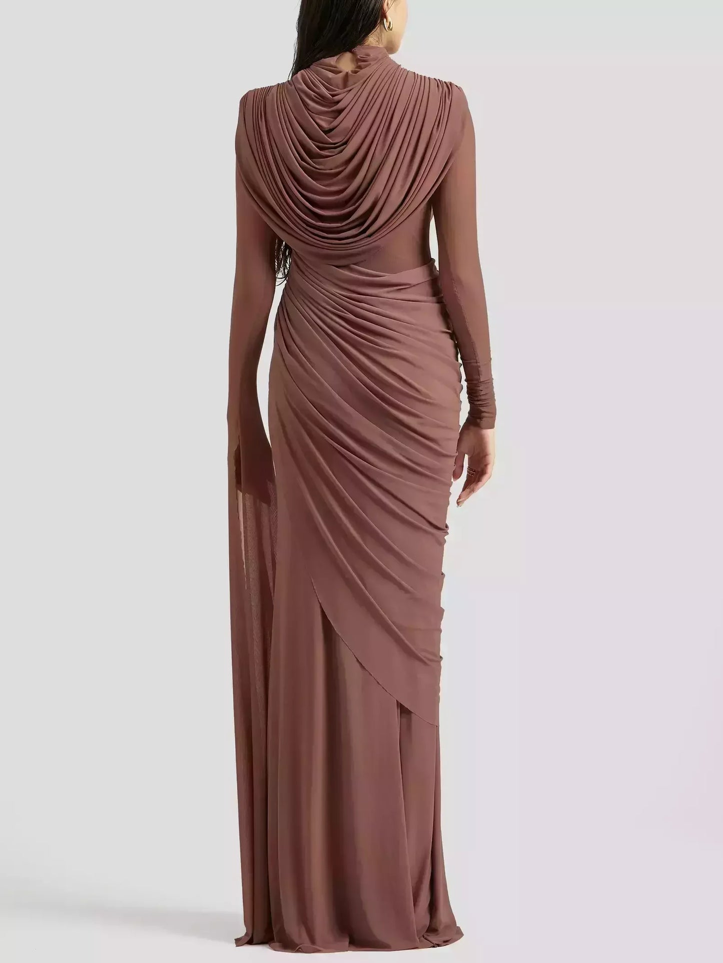 Draped Cowl-Neck Long Gown in Mocha Brown - Dresses