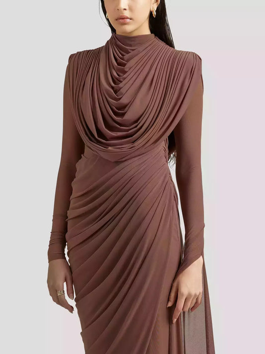 Draped Cowl-Neck Long Gown in Mocha Brown - Dresses
