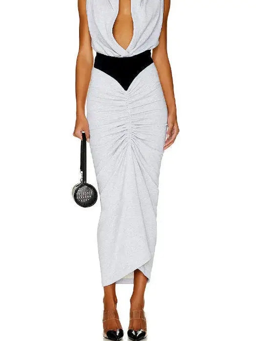 Draped Gathered Jersey Color-Contrast Midi Skirt - Skirts