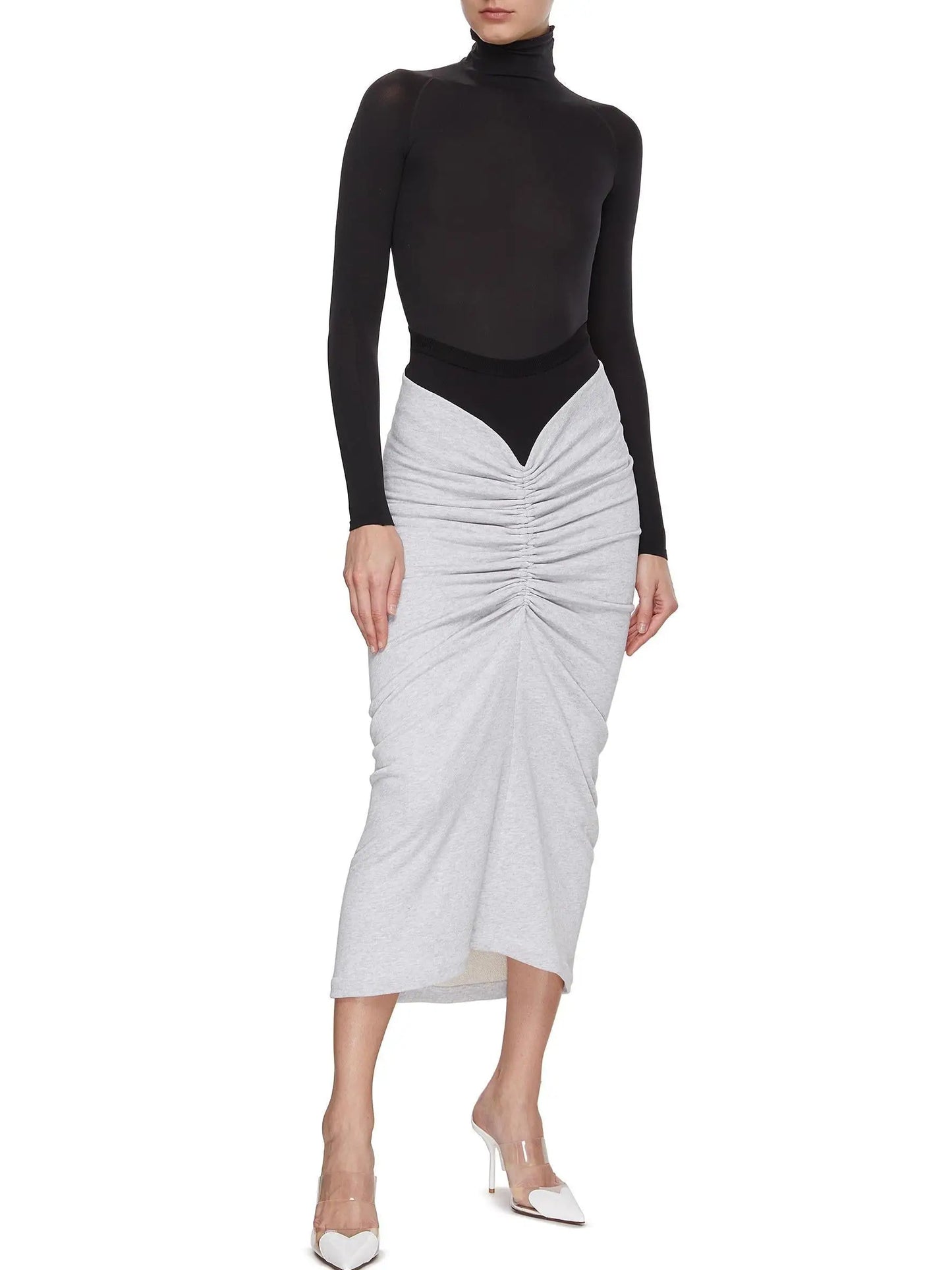Draped Gathered Jersey Color-Contrast Midi Skirt - Skirts