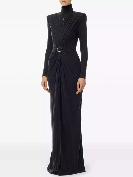 Draped Maxi Gown with Gold Ring Detail - Dresses