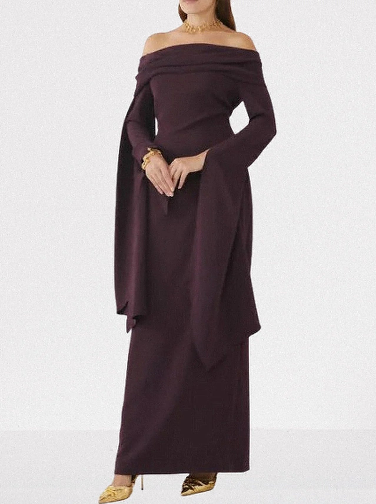 Draped Off-The-Shoulder Maxi Dress in Plum - Dresses