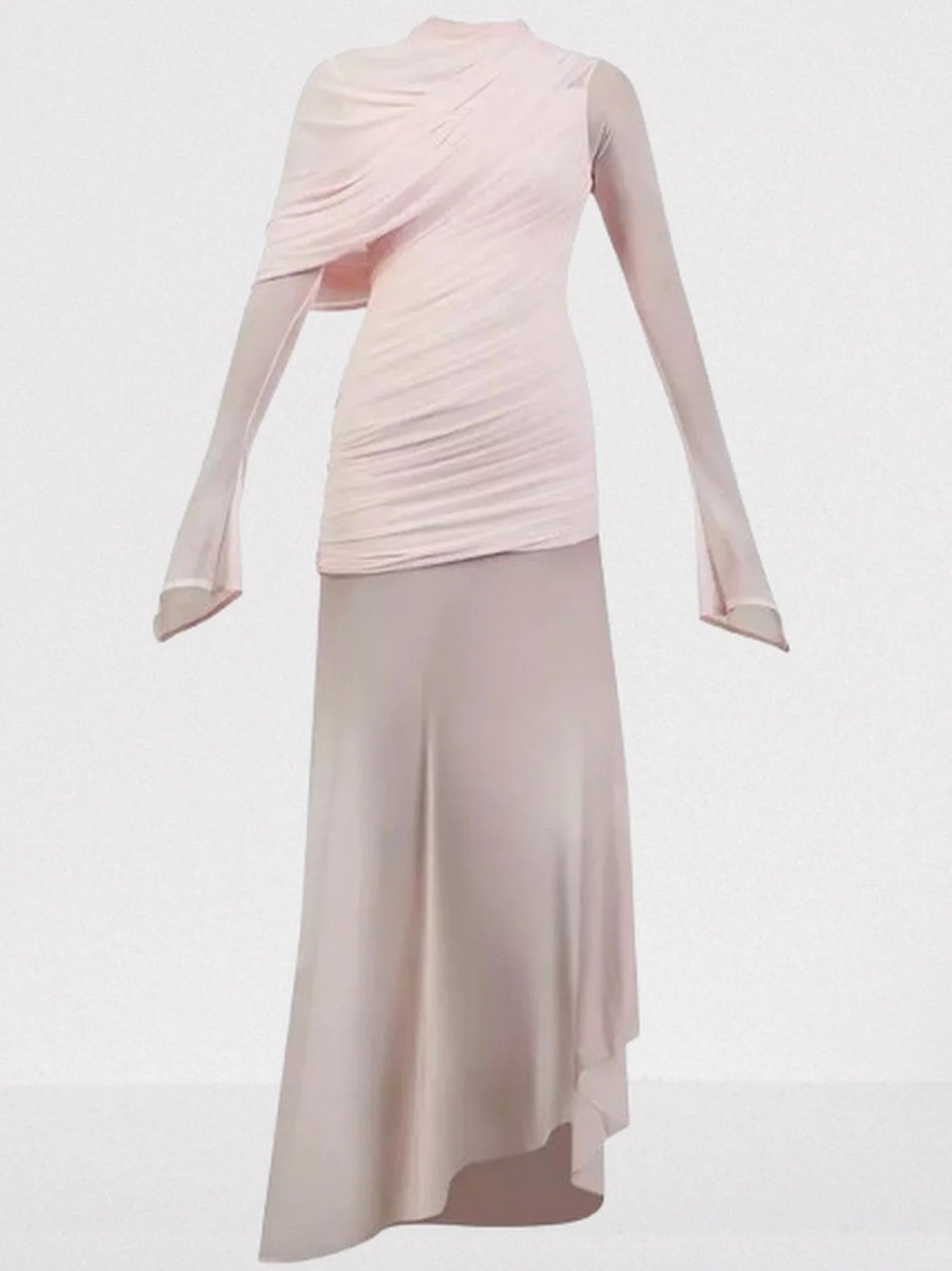 Draped Pink Chiffon Tulle Long-Sleeve Gown - Dresses