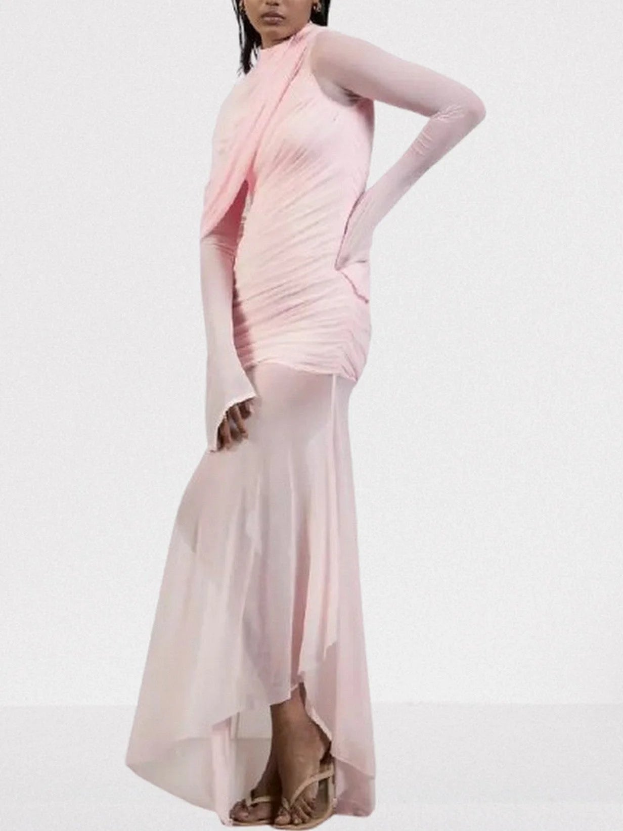 Draped Pink Chiffon Tulle Long-Sleeve Gown - Dresses