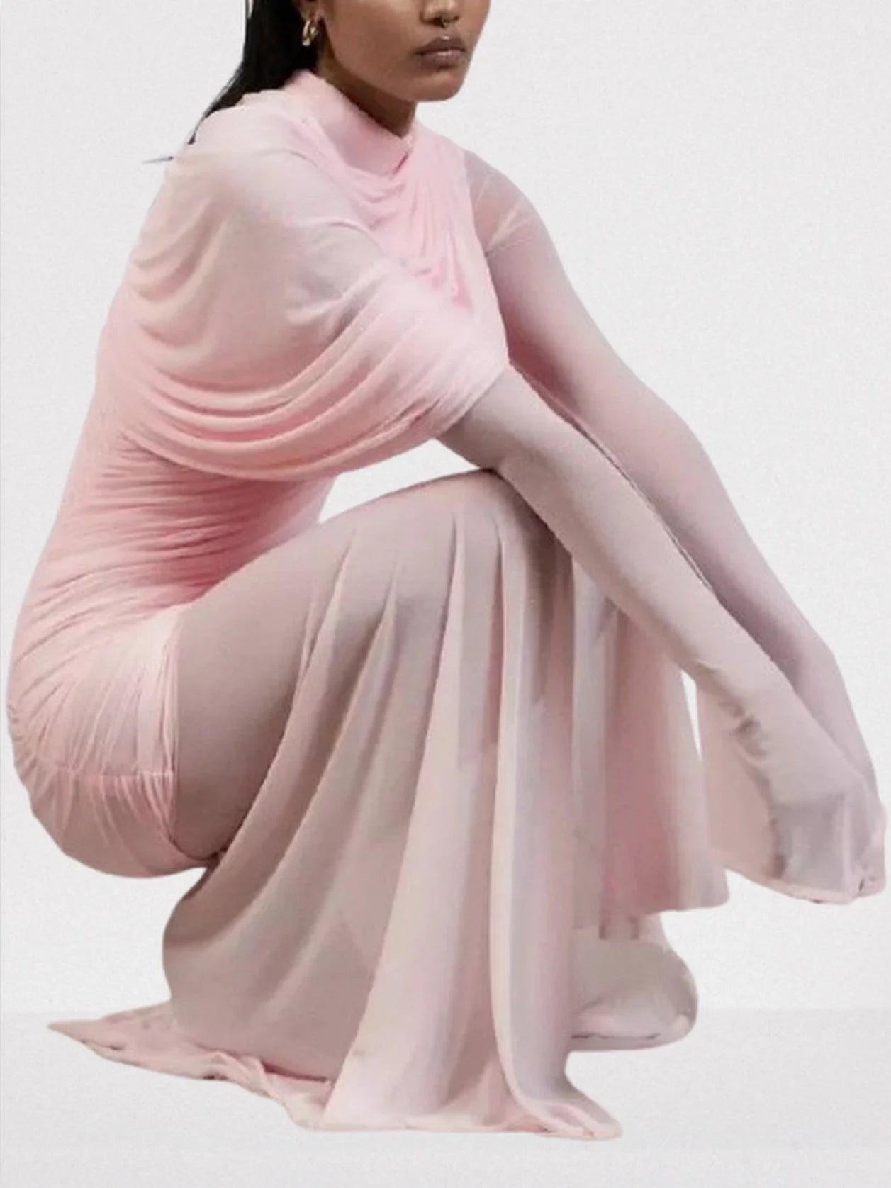 Draped Pink Chiffon Tulle Long-Sleeve Gown - Dresses