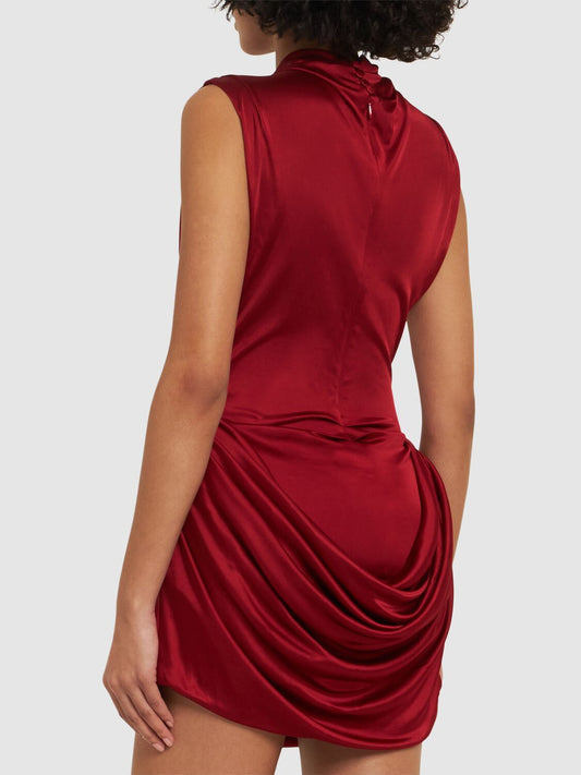 Draped Red Sleeveless Mock-Neck Mini Dress