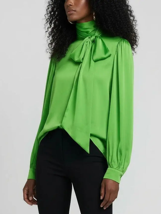 Draped Tie-Neck Silk Blouse - Tops