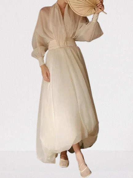 Draped Tulle Plunge-Neck Puff-Sleeve Dress - Dresses