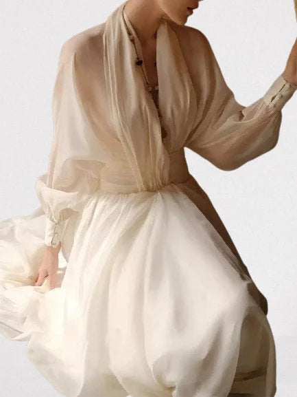 Draped Tulle Plunge-Neck Puff-Sleeve Dress - Dresses