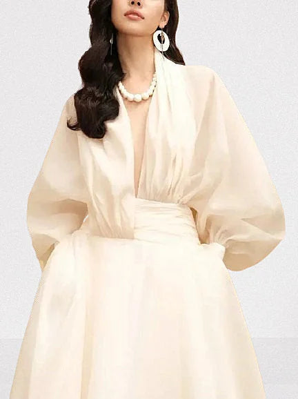 Draped Tulle Plunge-Neck Puff-Sleeve Dress - Dresses