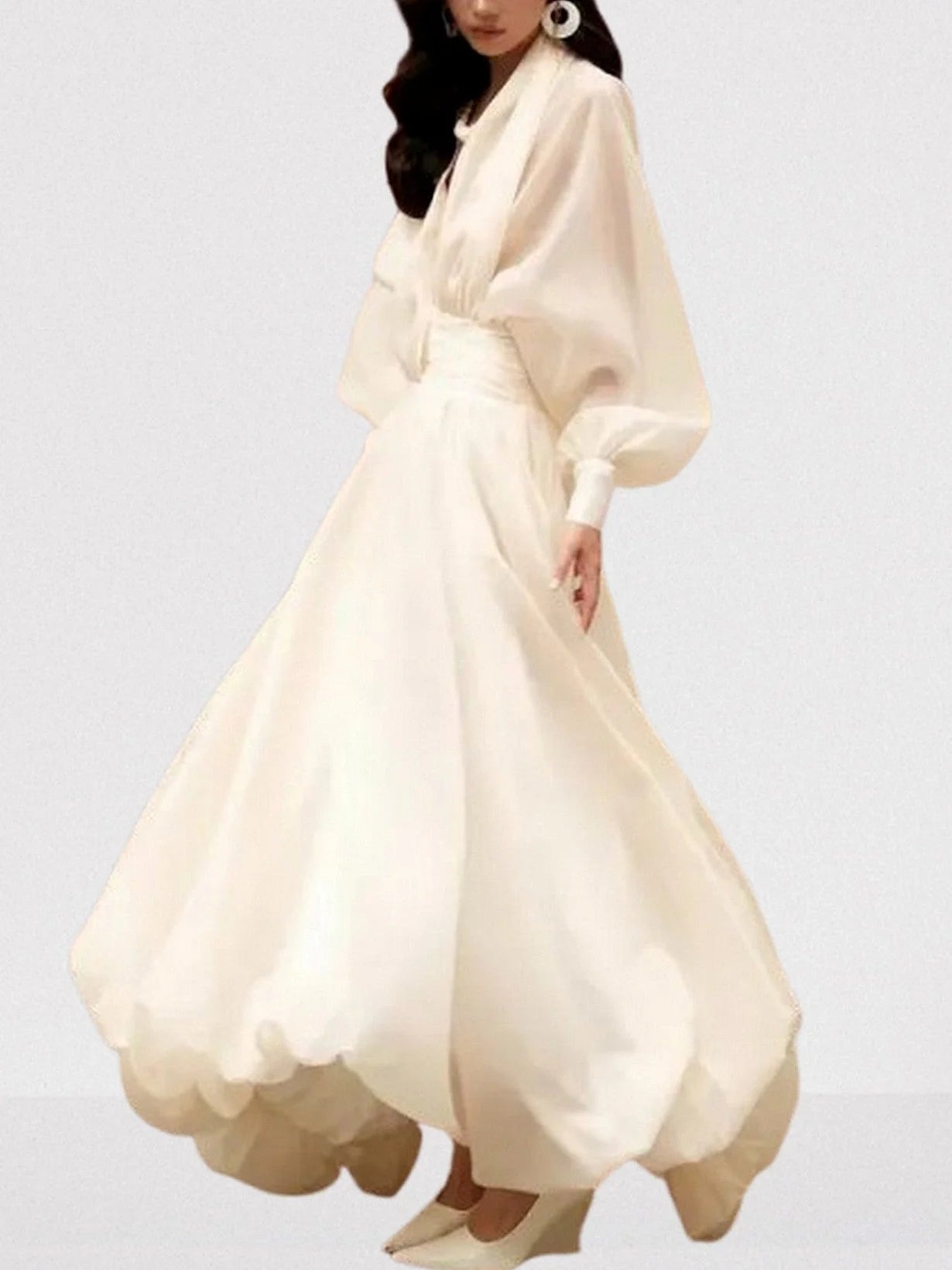 Draped Tulle Plunge-Neck Puff-Sleeve Dress - Dresses