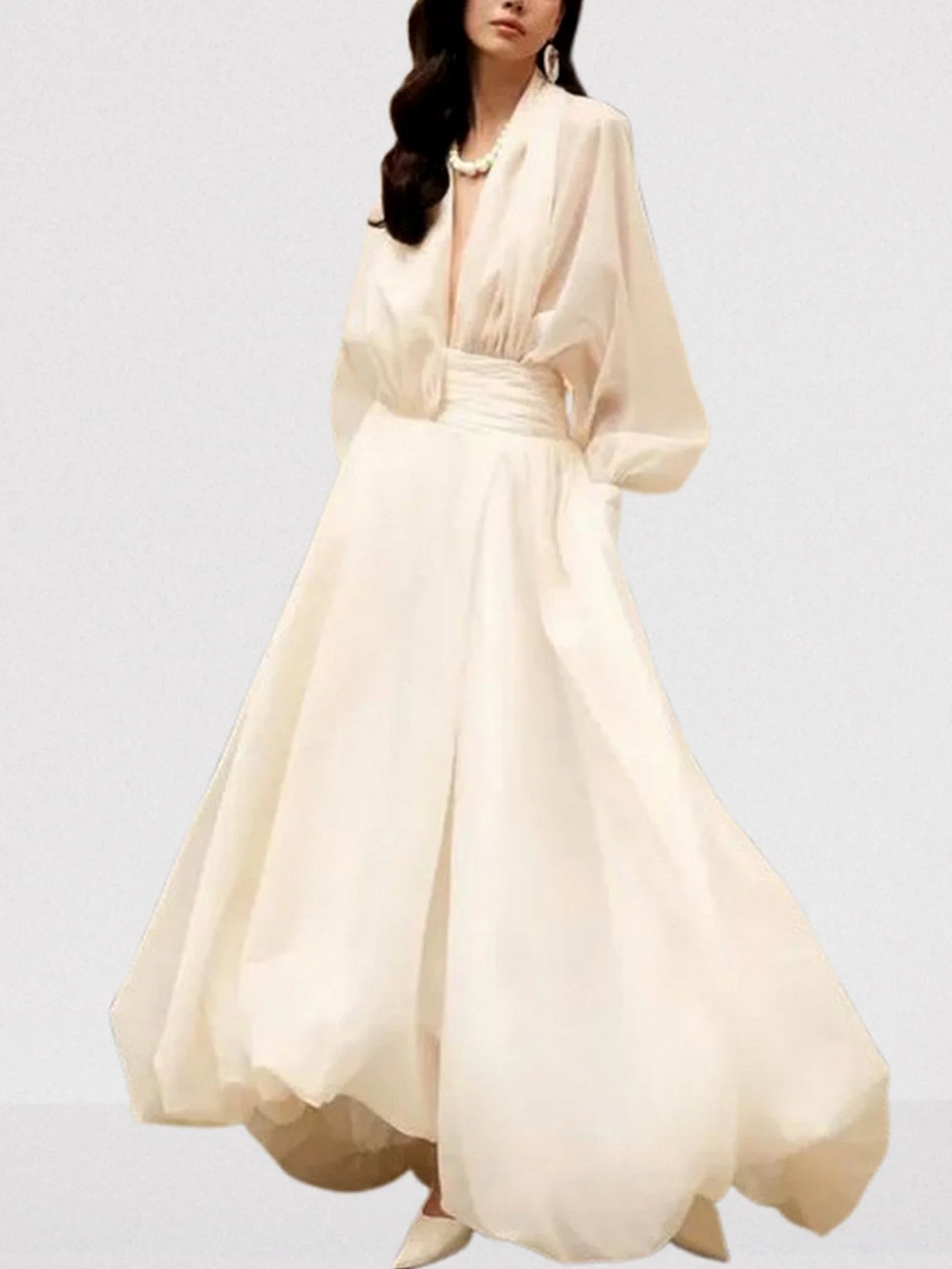 Draped Tulle Plunge-Neck Puff-Sleeve Dress - Dresses