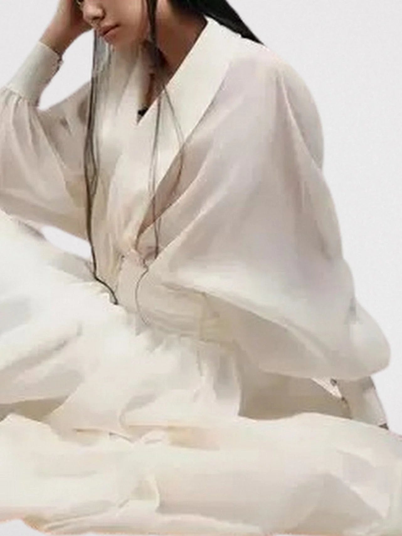 Draped Tulle Plunge-Neck Puff-Sleeve Dress - Dresses