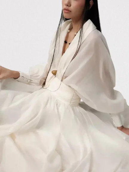 Draped Tulle Plunge-Neck Puff-Sleeve Dress - Dresses