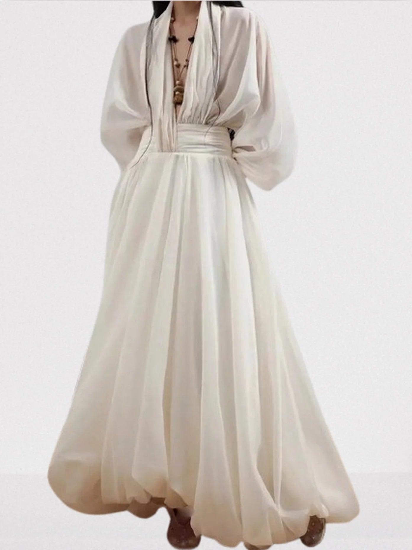 Draped Tulle Plunge-Neck Puff-Sleeve Dress - Dresses