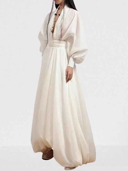 Draped Tulle Plunge-Neck Puff-Sleeve Dress - Dresses