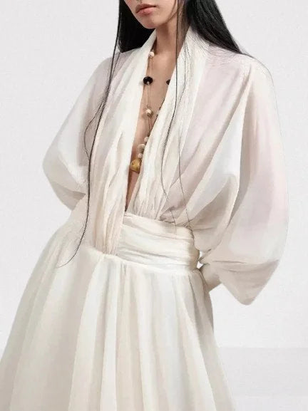 Draped Tulle Plunge-Neck Puff-Sleeve Dress - Dresses