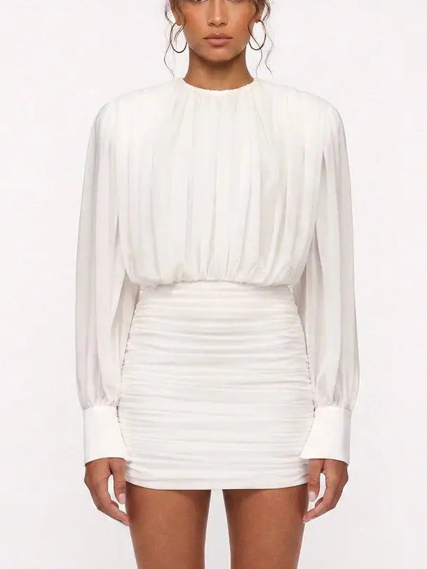 Draped White Long Sleeve Ruched Mini Dress - Dresses