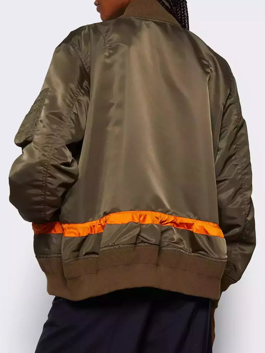 Drawstring Twill Bomber Jacket with Contrast Stripe - Jackets