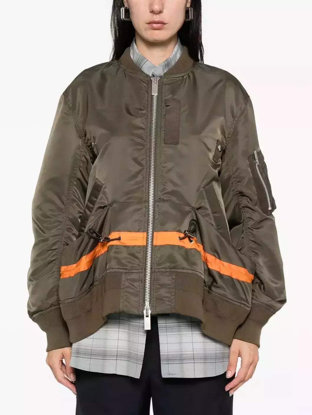 Drawstring Twill Bomber Jacket with Contrast Stripe - Jackets
