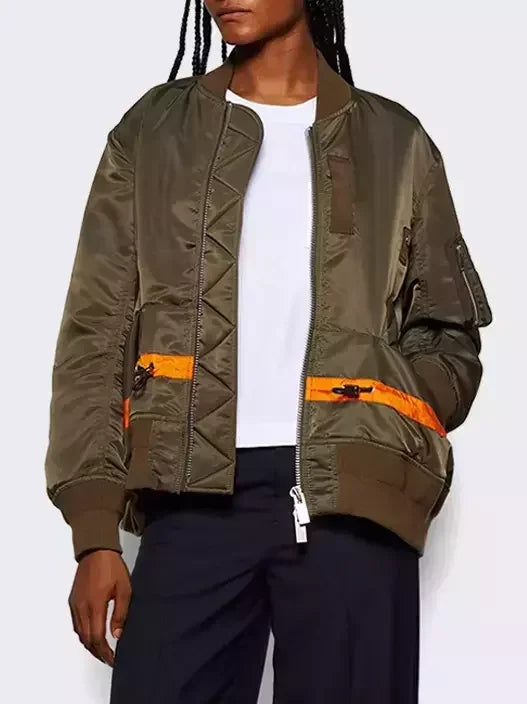 Drawstring Twill Bomber Jacket with Contrast Stripe - Jackets