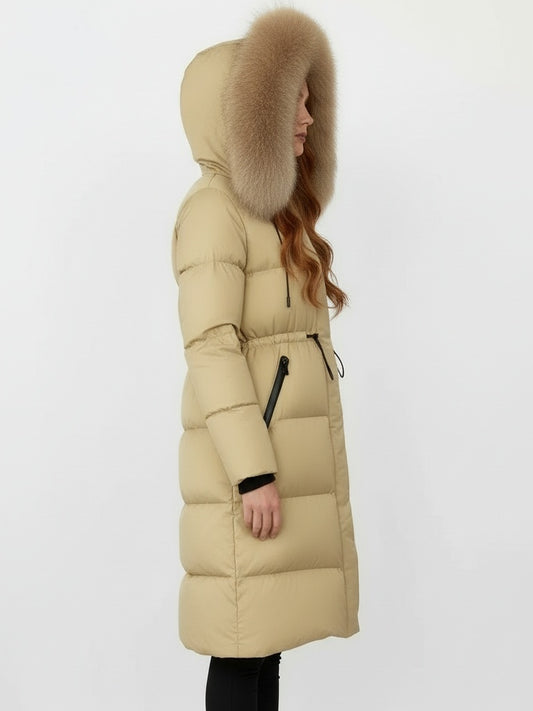 Drawstring Waist Long Down Coat in Beige with Beige Fur Hood