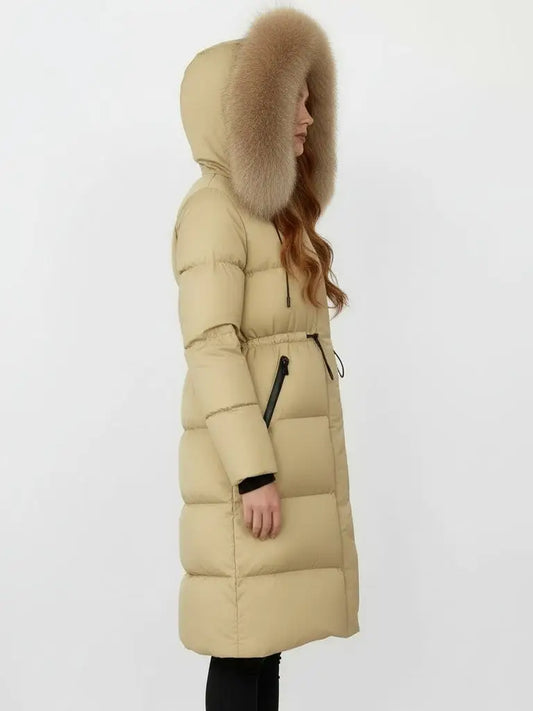 Drawstring Waist Long Down Coat in Beige with Beige Fur Hood - Coats