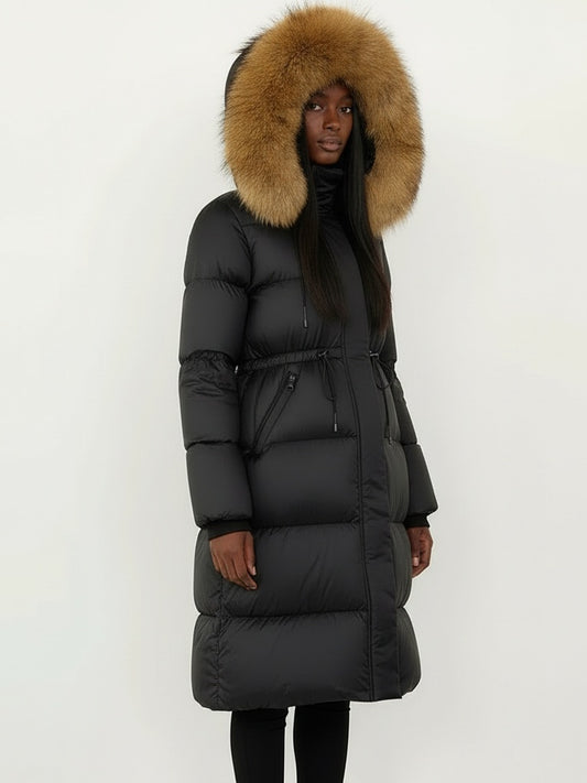 Drawstring Waist Long Down Coat in Black with Natural Fur Hood