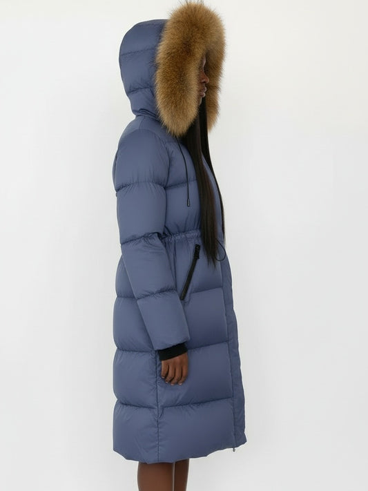 Drawstring Waist Long Down Coat in Blue with Natural Fur Hood