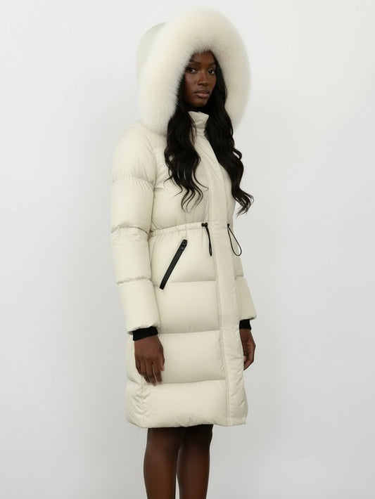 Drawstring Waist Long Down Coat in White with White Fur Hood