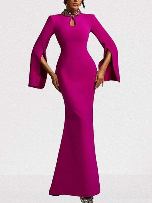 Embellished-Collar Keyhole Gown in Purple - Dresses