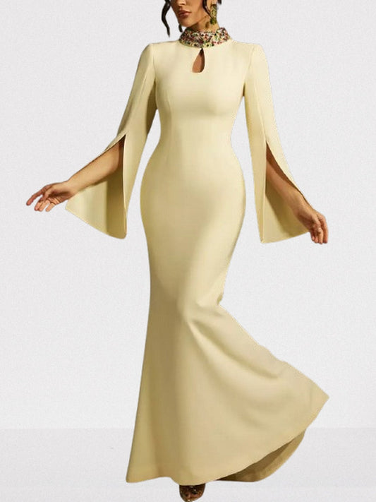 Embellished-Collar Keyhole Gown in Yellow - Dresses