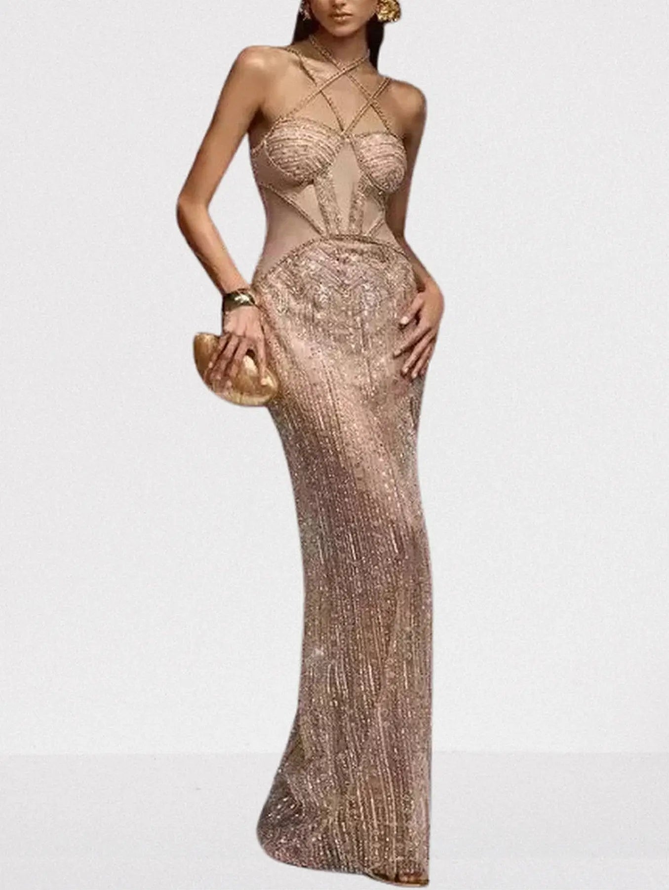 Embellished Bustier Halter Maxi Dress in Beige - Small - Dresses