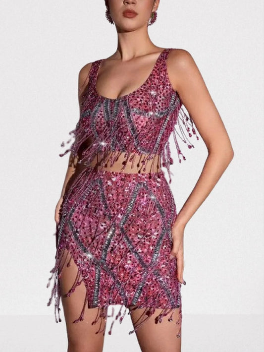 Embellished Fringed Top and Skirt Set in Pink - S - Suits & Sets