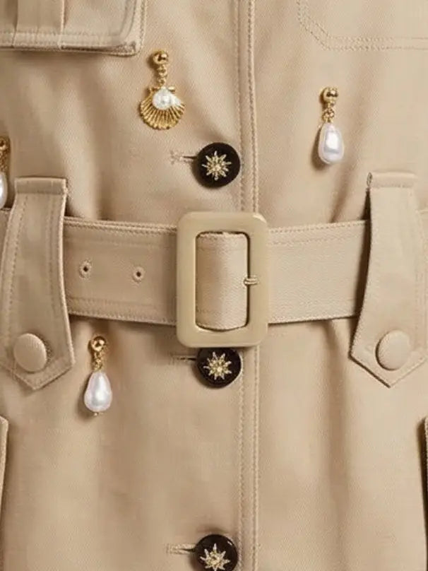 Embellished Belted Utility Mini Dress in Beige Twill - Dresses