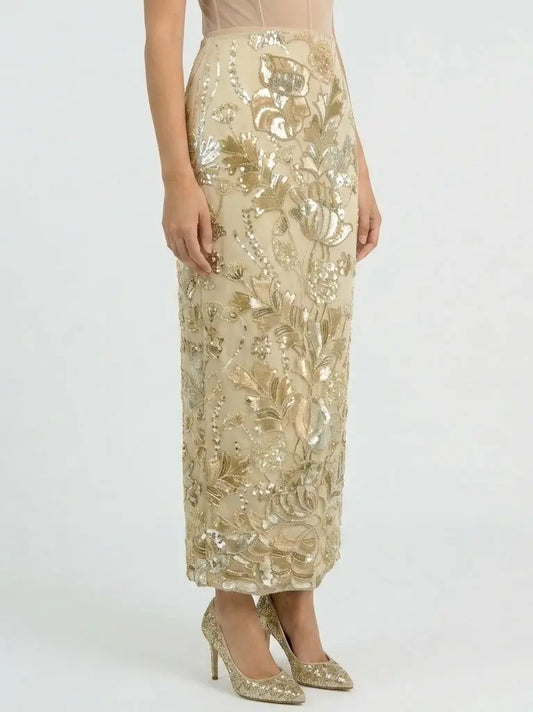 Embellished Botanical Maxi Pencil Skirt - Skirts