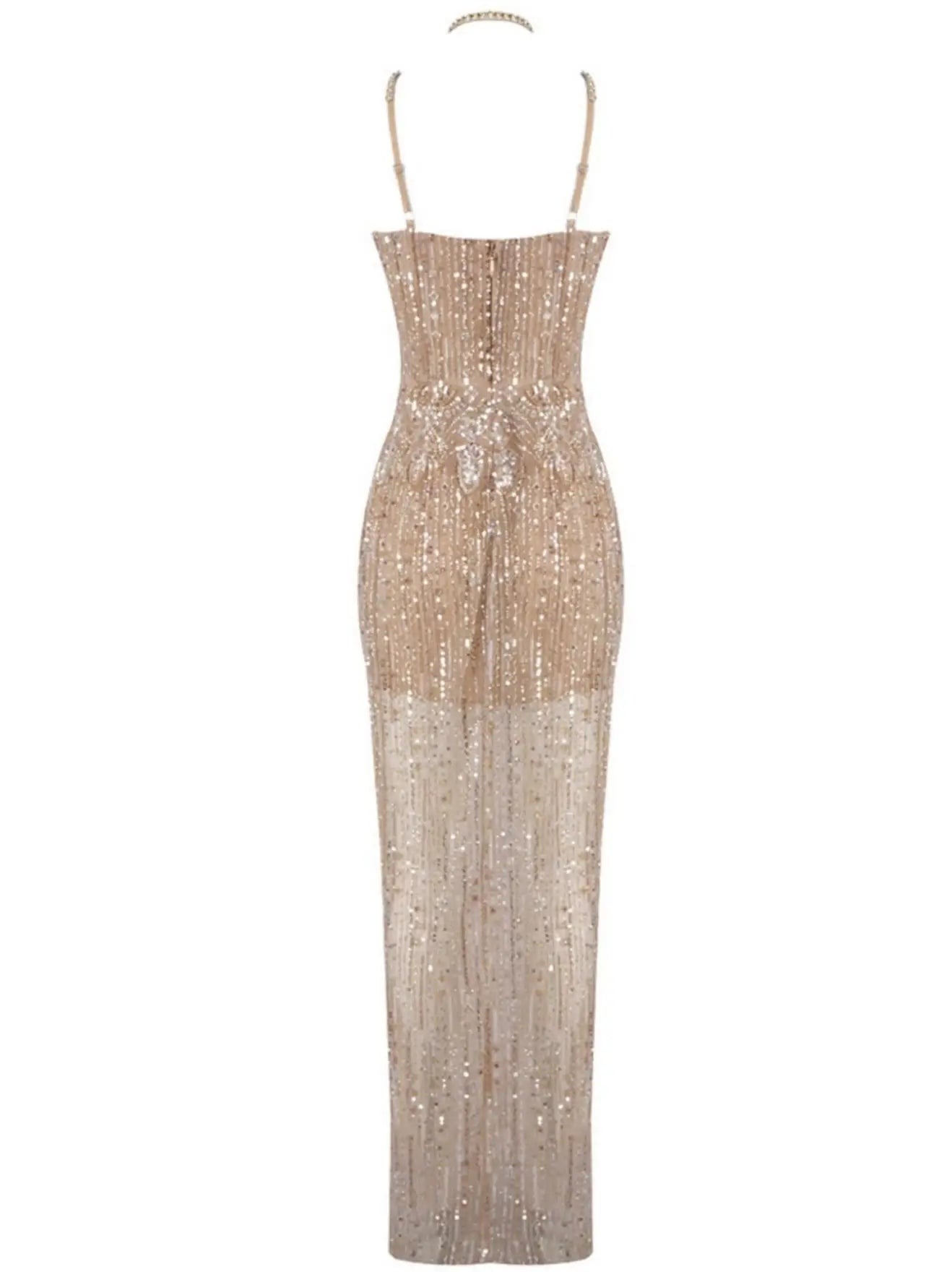 Embellished Bustier Halter Maxi Dress in Beige - Dresses