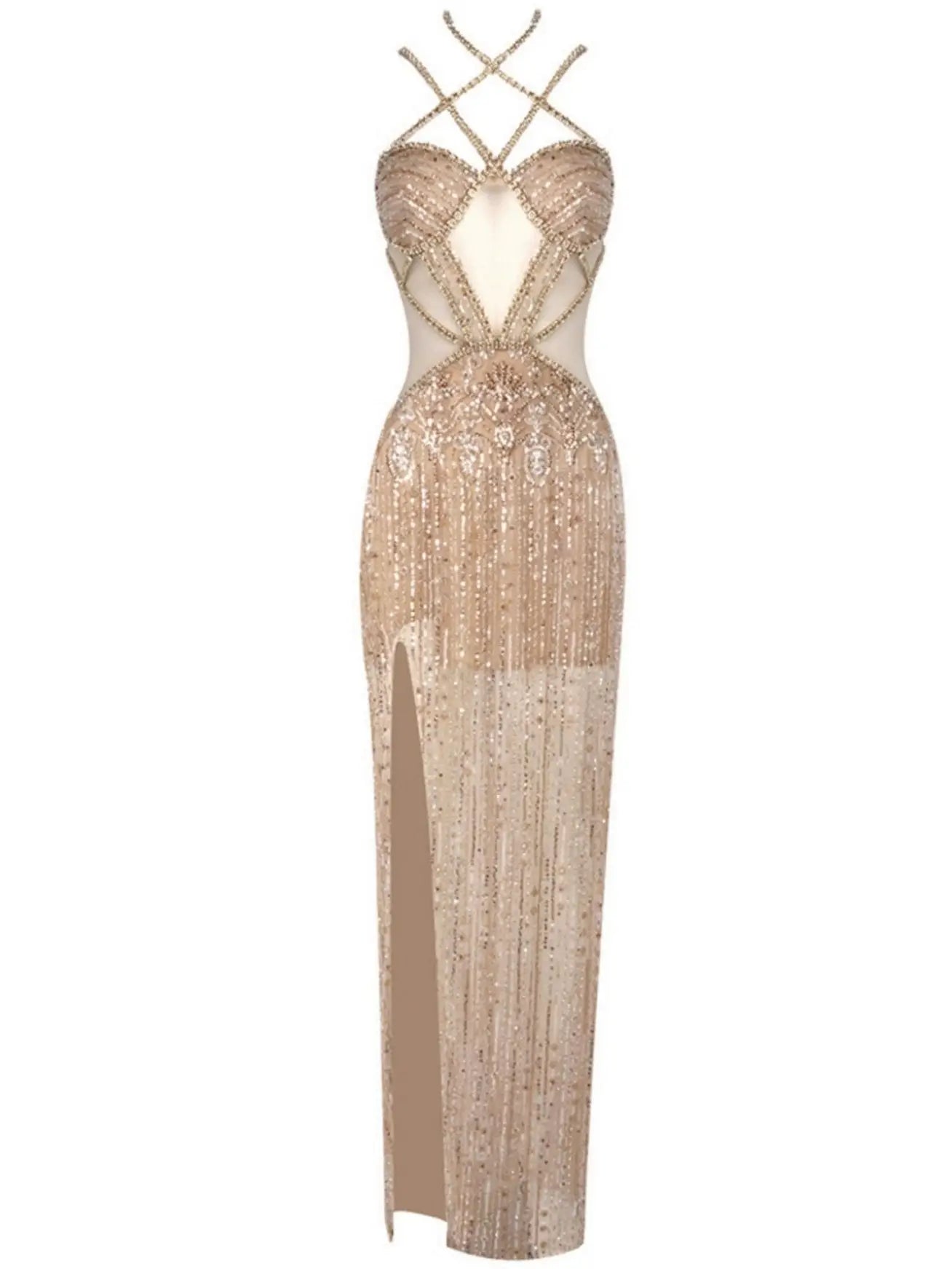 Embellished Bustier Halter Maxi Dress in Beige - Dresses
