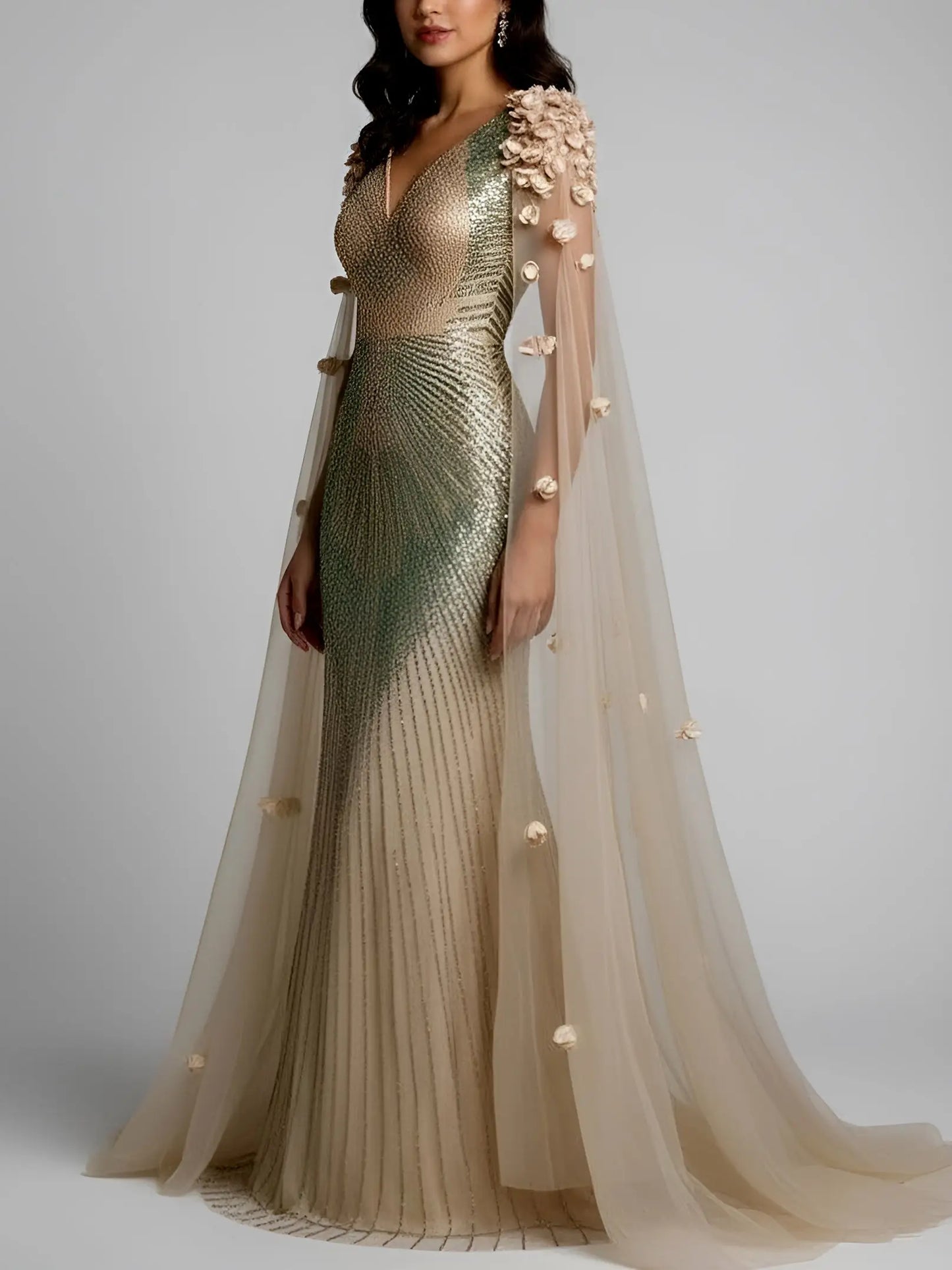 Embellished Cape-Sleeve Floral Applique Gown - Dresses