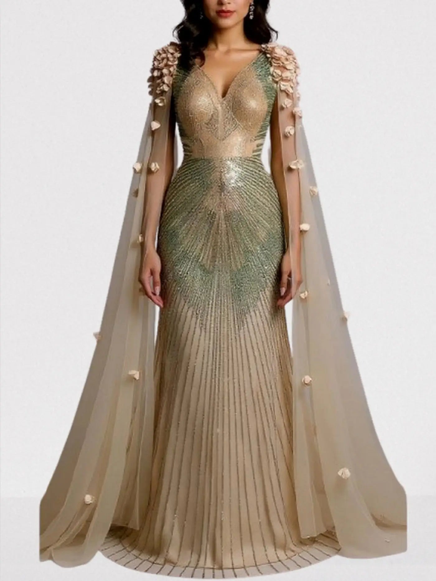 Embellished Cape-Sleeve Floral Applique Gown - Dresses