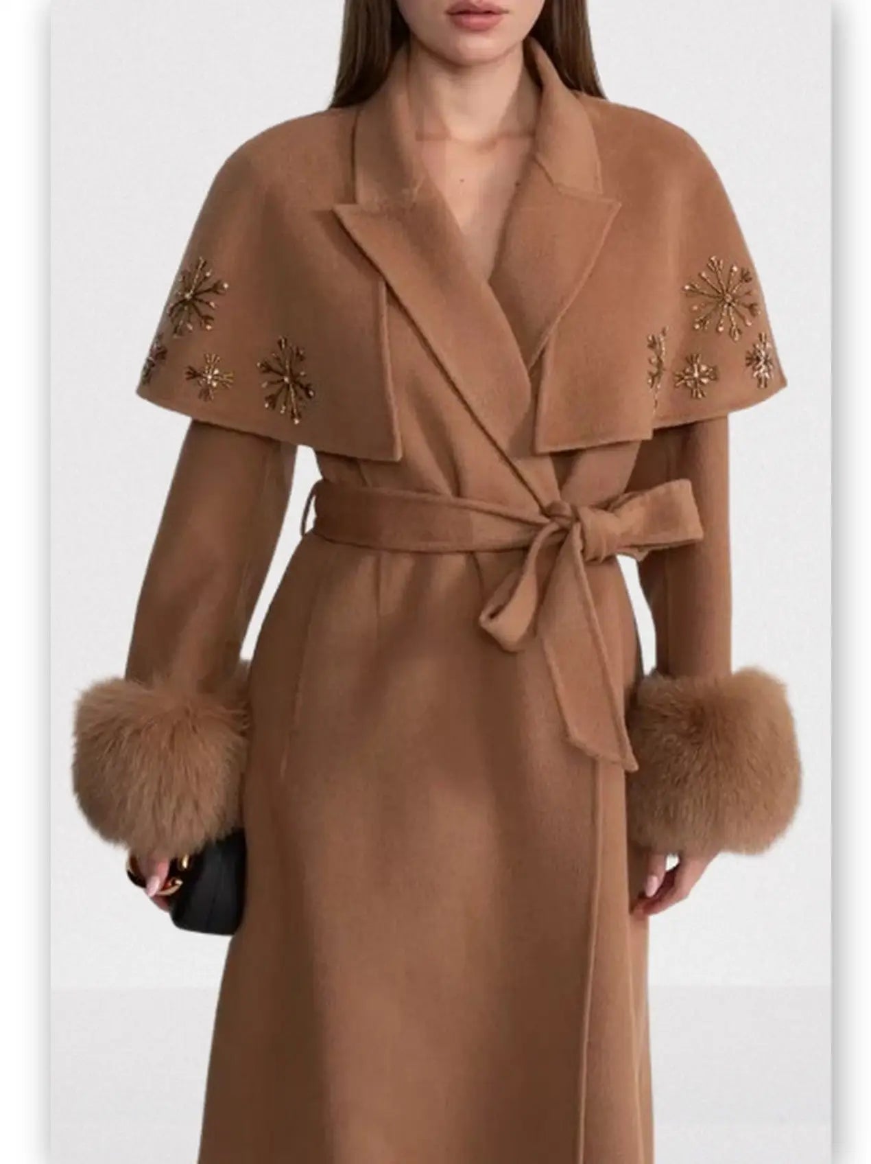 Embellished Cashmere-Blend Coat with Fox Fur Trim - Coats