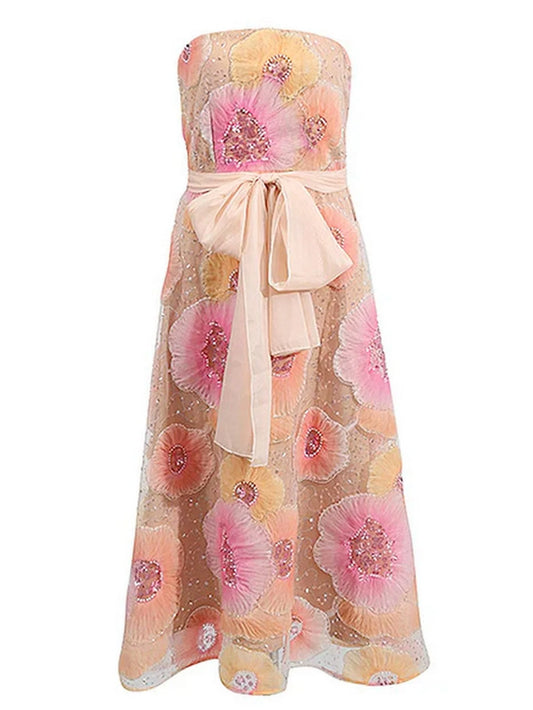 Embellished Floral Strapless A-Line Dress - Dresses