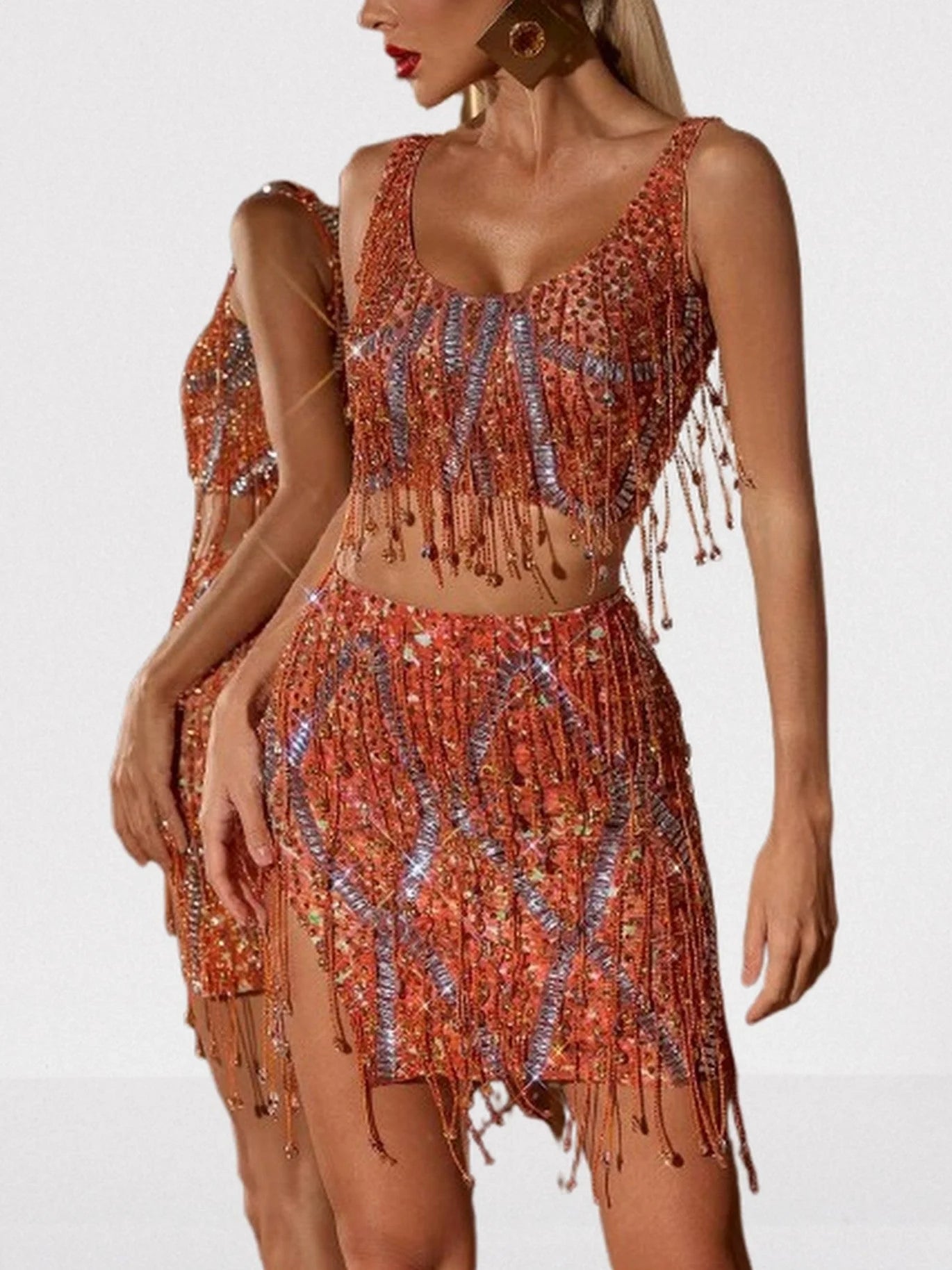 Embellished Fringed Top and Skirt Set in Orange - Suits & Sets