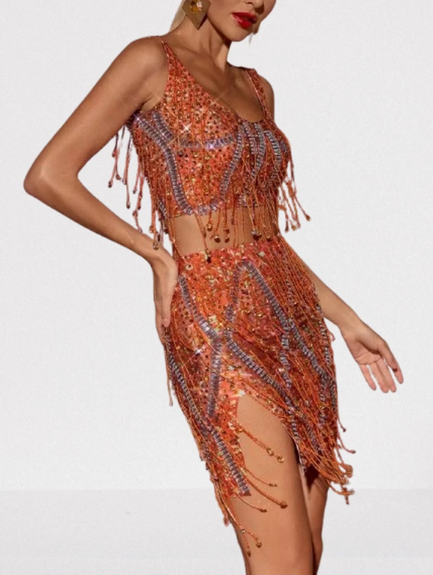 Embellished Fringed Top and Skirt Set in Orange - Suits & Sets