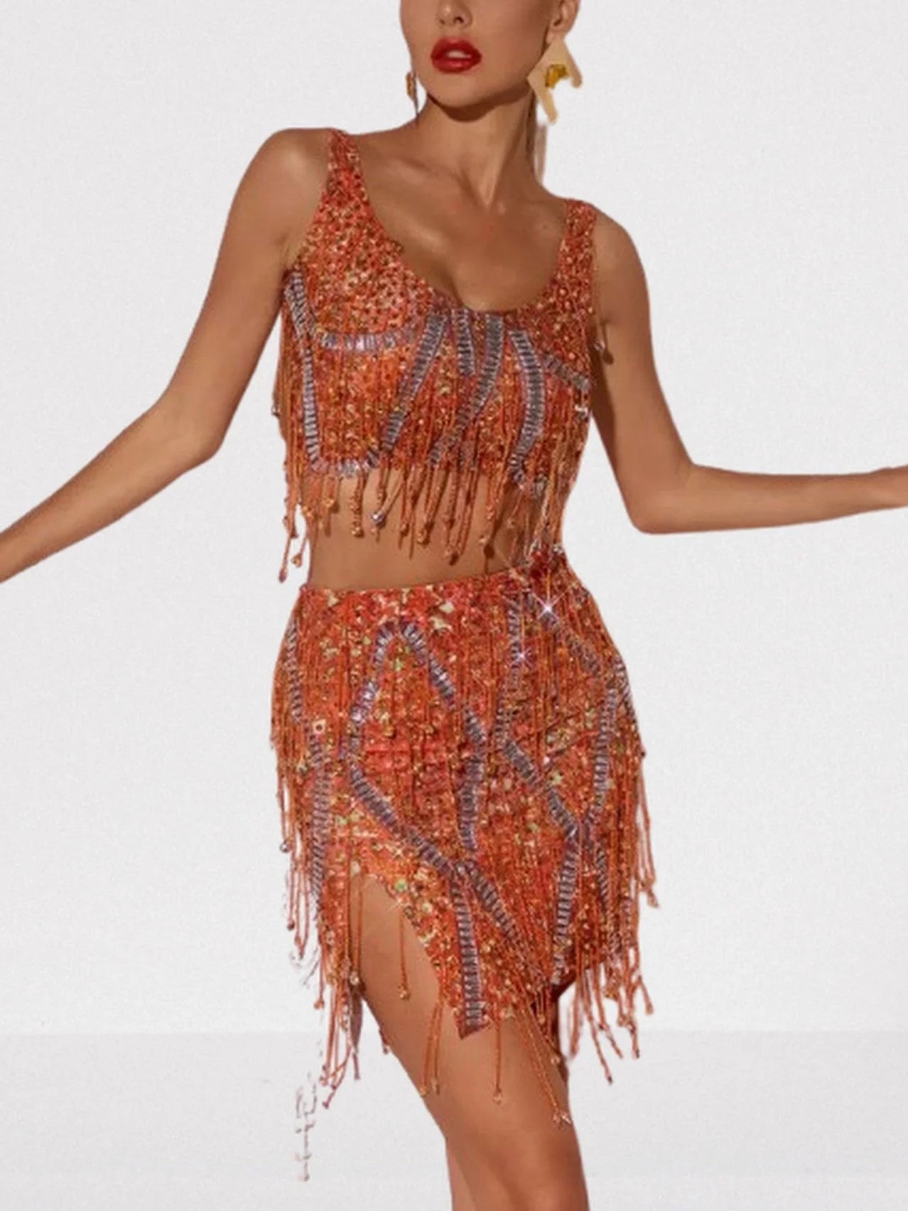 Embellished Fringed Top and Skirt Set in Orange - Suits & Sets