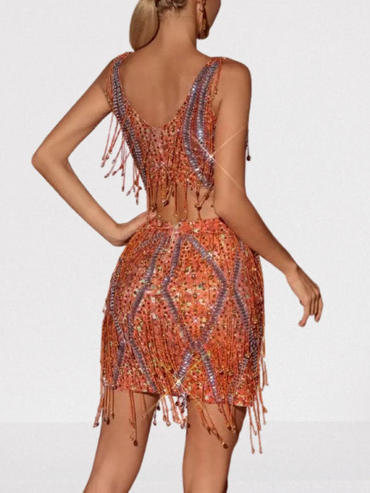 Embellished Fringed Top and Skirt Set in Orange - Suits & Sets