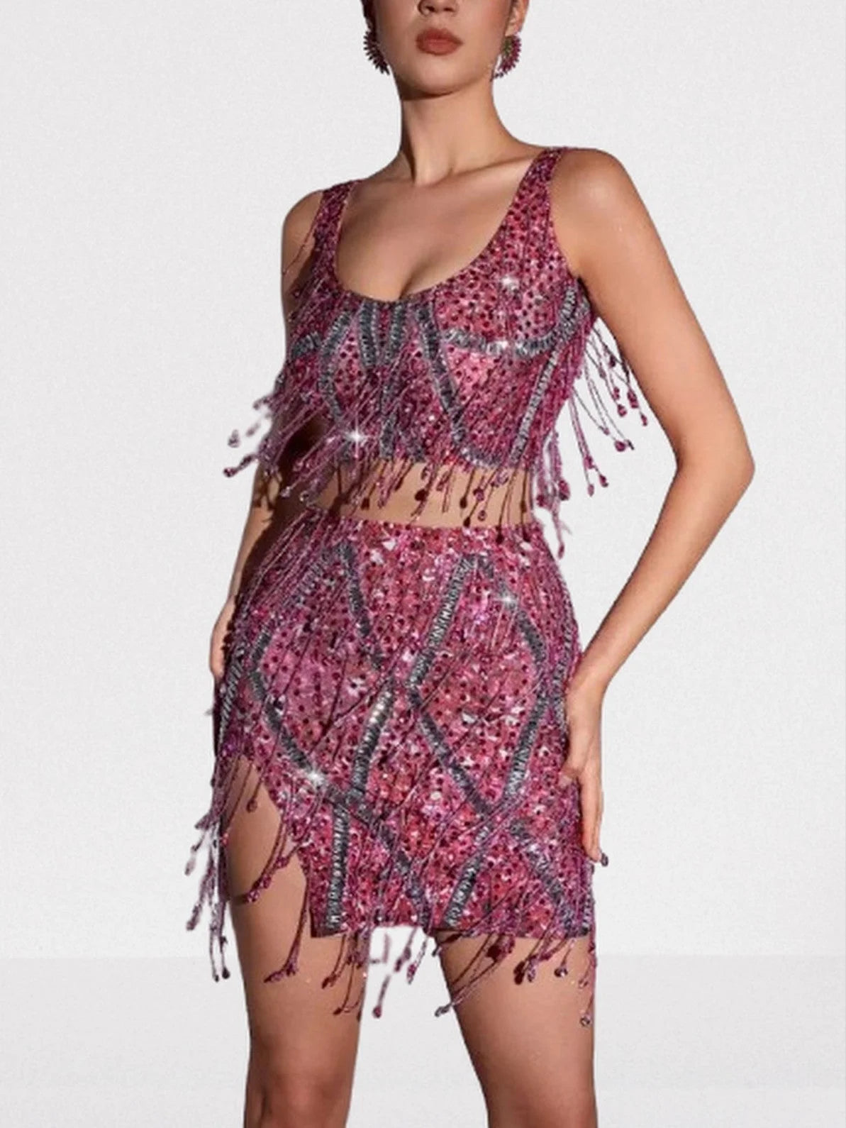 Embellished Fringed Top and Skirt Set in Pink - Suits & Sets
